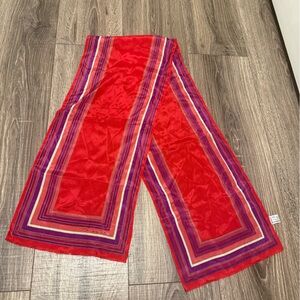 Oscar de la Renta Red Purple Gold Striped Border 100% Silk Oblong Scarf 51"